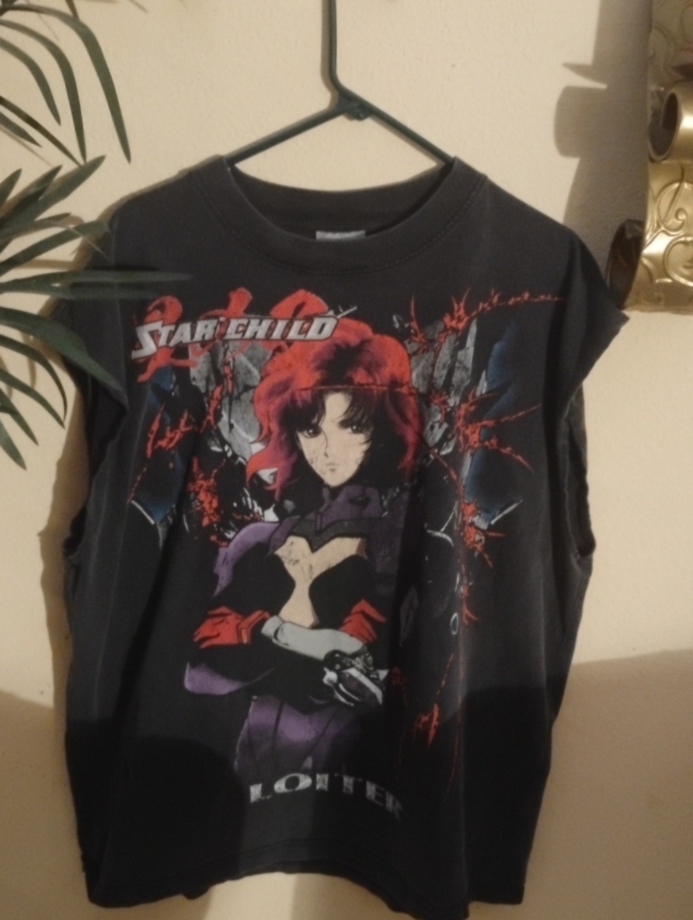 Black Graphic  Muscle Tee - Red & Purple Anime Print ( I Cut The Sleeves Off)